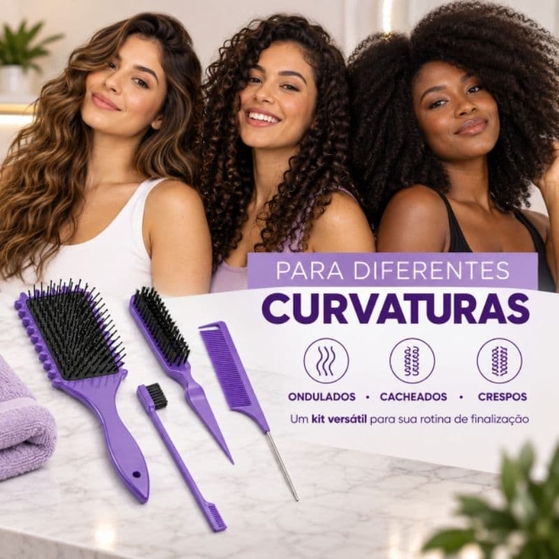 Kit Fitagem Profissional 4 em 1 Escova Definição Cachos Pente Jacaré Modelador Cabelo Crespo Ondulado Baby Hair Antfrizz
