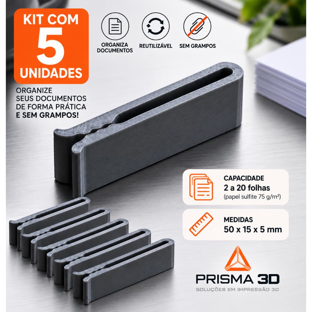 Kit 5 Prendedores de Papel – Clipe de Papel Impressão 3D