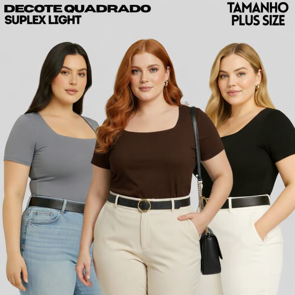 Blusa Plus Size Decote Quadrado Manga Curta Suplex Premium Forrada Não Transparente Tam Único 46-52
