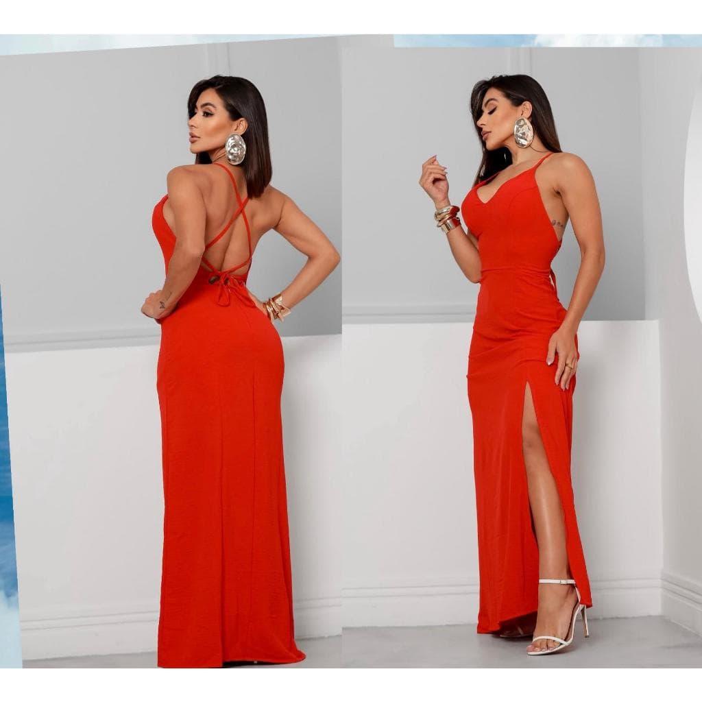 Vestido Longo Festa Feminino com Fenda Bojo forrado Costa Aberta Trançada Elegante