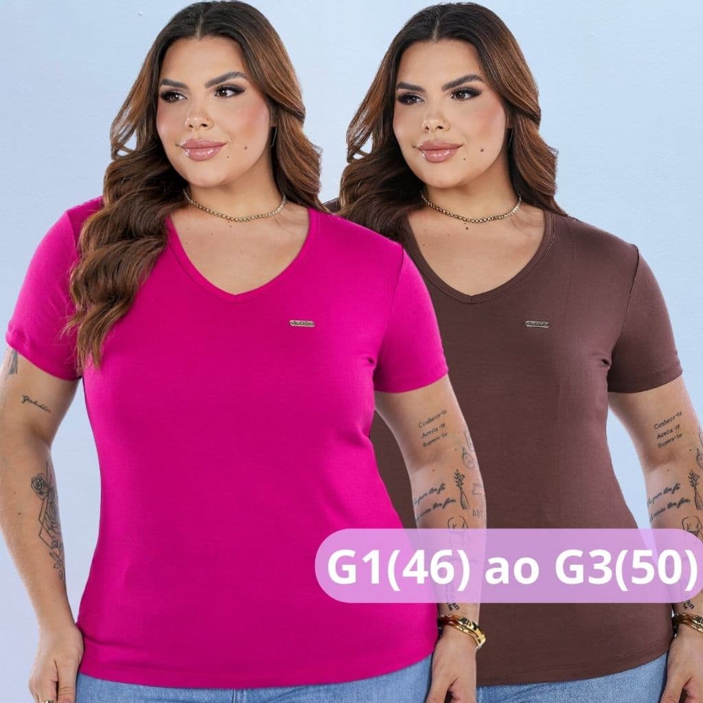Kit 2 Blusa Plus Size Feminina G1 ao G3 Gola V em Viscolycra Manga Curta Confortável e Elegante Mais Vendida Versatil