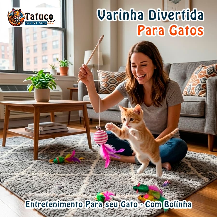 Varinha Feliz Brinquedo Interativo Para Gatos Varinha 40cm Cordão com Sino e Bolinha Com Penas