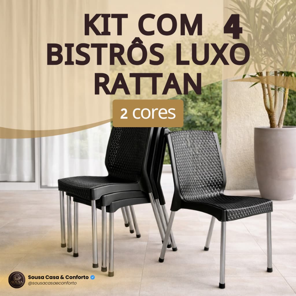 Kit 4 Bistrô Reforçada Rattan Luxo Sem Apoio Braço UV Empilhável 160kg Aço Cromado Qualquer Ambiente