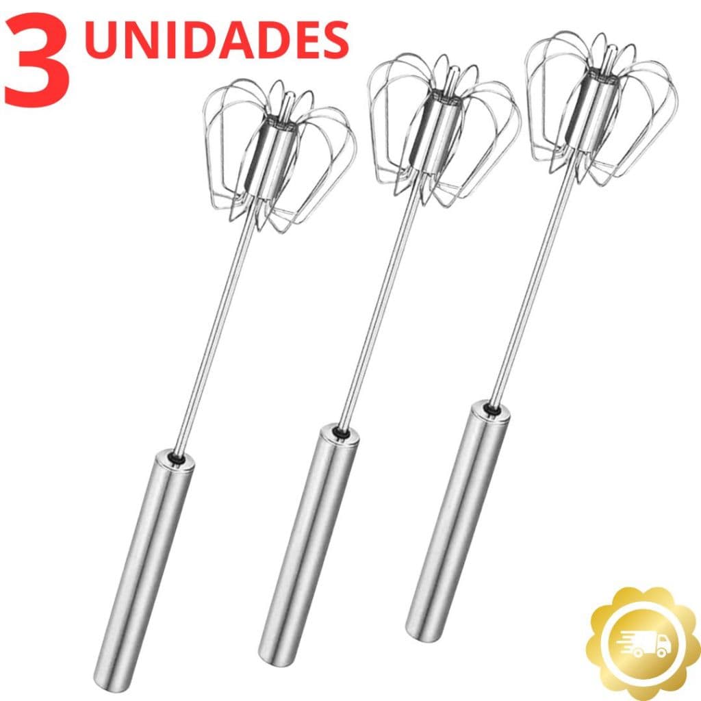 Batedor de Ovos Giratório 3 Unidades Fouet Manual Inox Mixer
