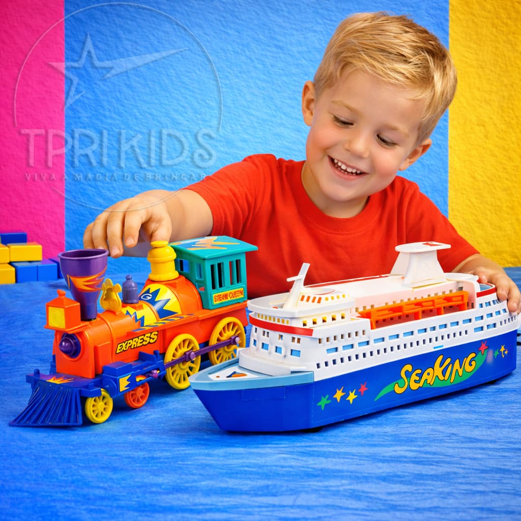 Kit Trem Navio Brinquedo Infantil Cruzeiro Flutua Água Locomotiva Maria Fumaça Menino Menina