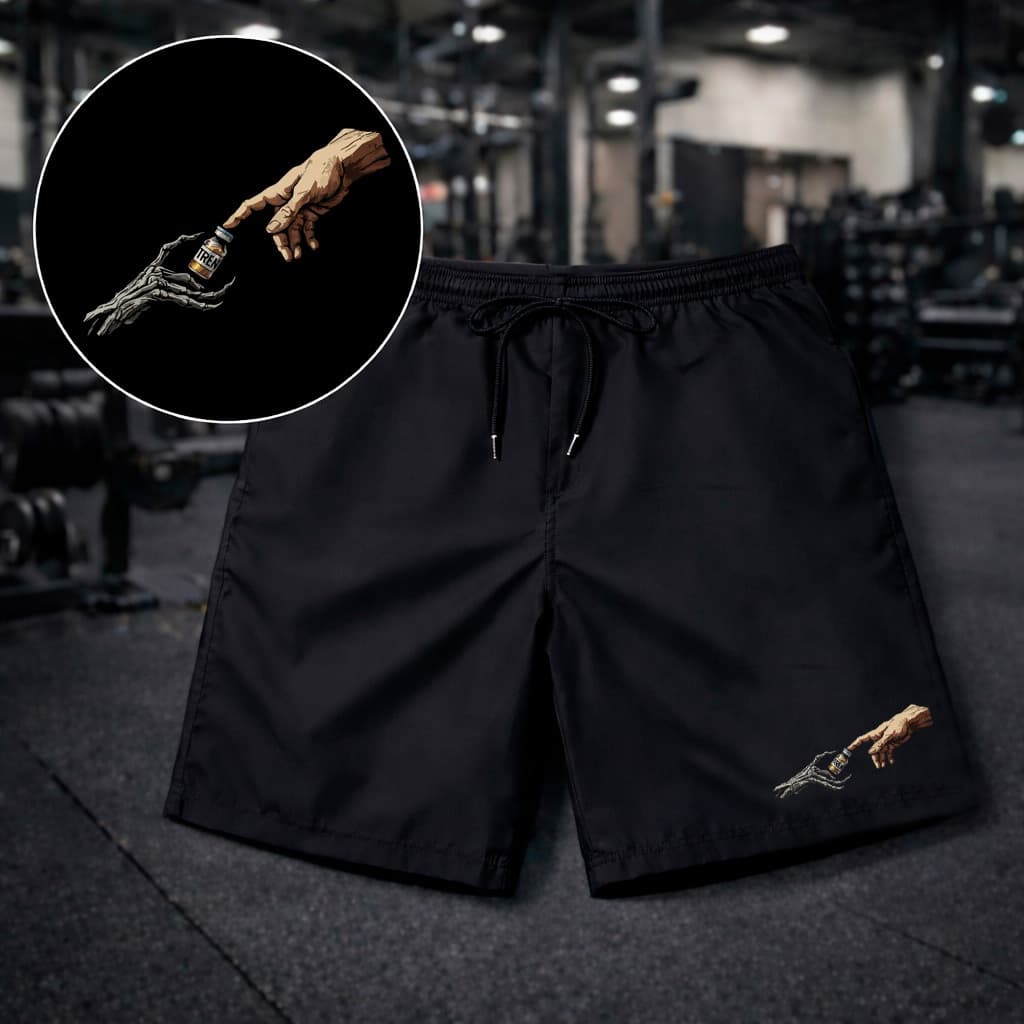 Bermuda Masculina Short Preto Tactel Estampado Michelangelo Mãos Para Academia Treino Futebol Praia