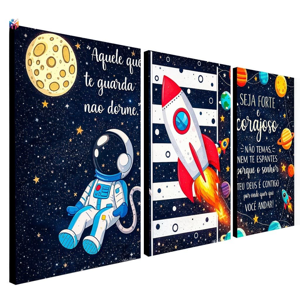 Quadro Decorativo 3 peças 40x60 Astronauta Foguete Decoração Quarto Infantil Menino Bebê