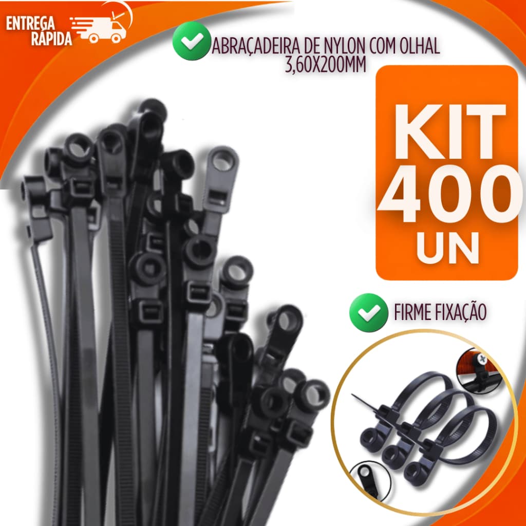 Kit Abraçadeira Nylon Com Olhal Fixar 3,60X200MM Parafuso Cabos Fios Madeira Conduítes Abraçadeiras