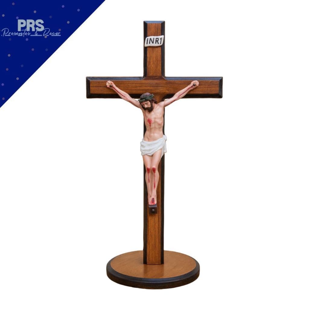 Crucifixo Base Em Madeira Envernizada Com Imagem Jesus Resina Para Cantinho Da Oração E Religiosos