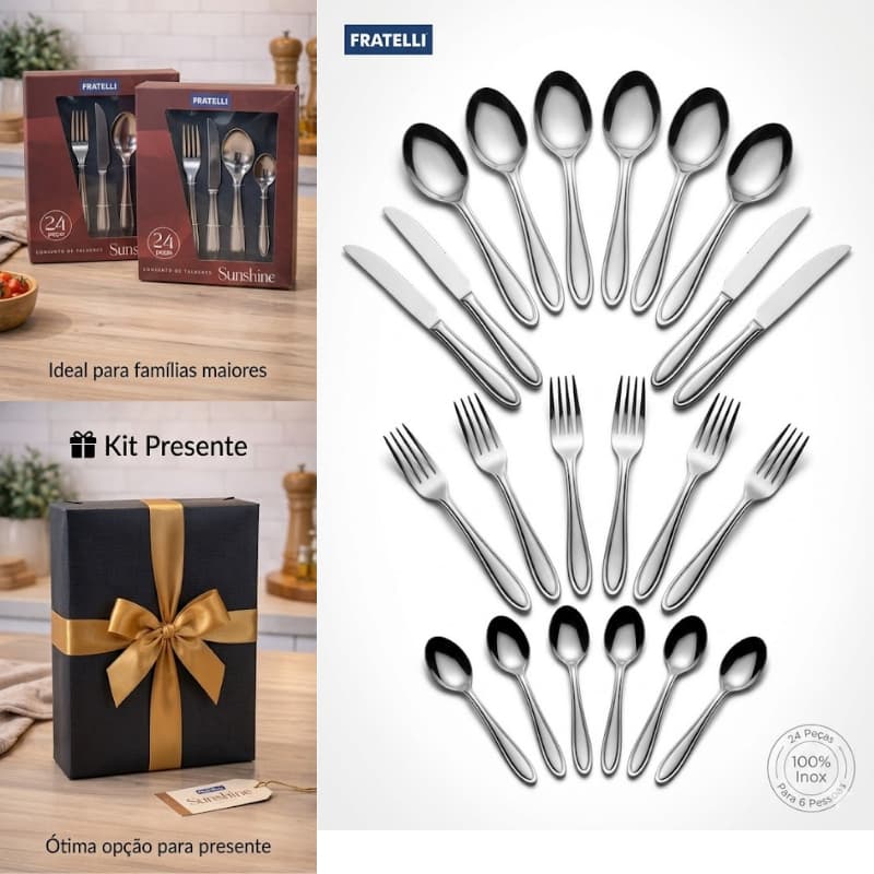 Jogo De Talheres Inox 24 Peças Design Moderno Resistente Duravel Sunshine