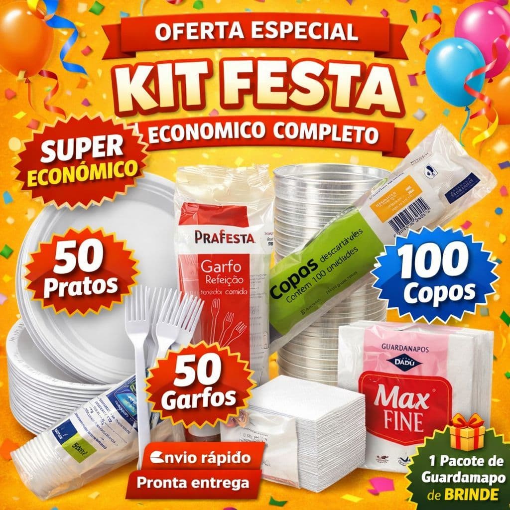 Kit Econômico Descartável para Refeição - Copo, Prato, Garfo e Guardanapo para Festas e Churrascos