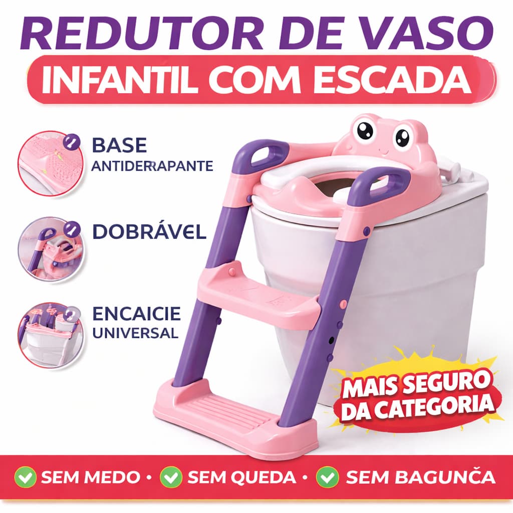 Redutor de Vaso Infantil com Escada Rosa Antiderrapante Dobrável para Desfralde Seguro