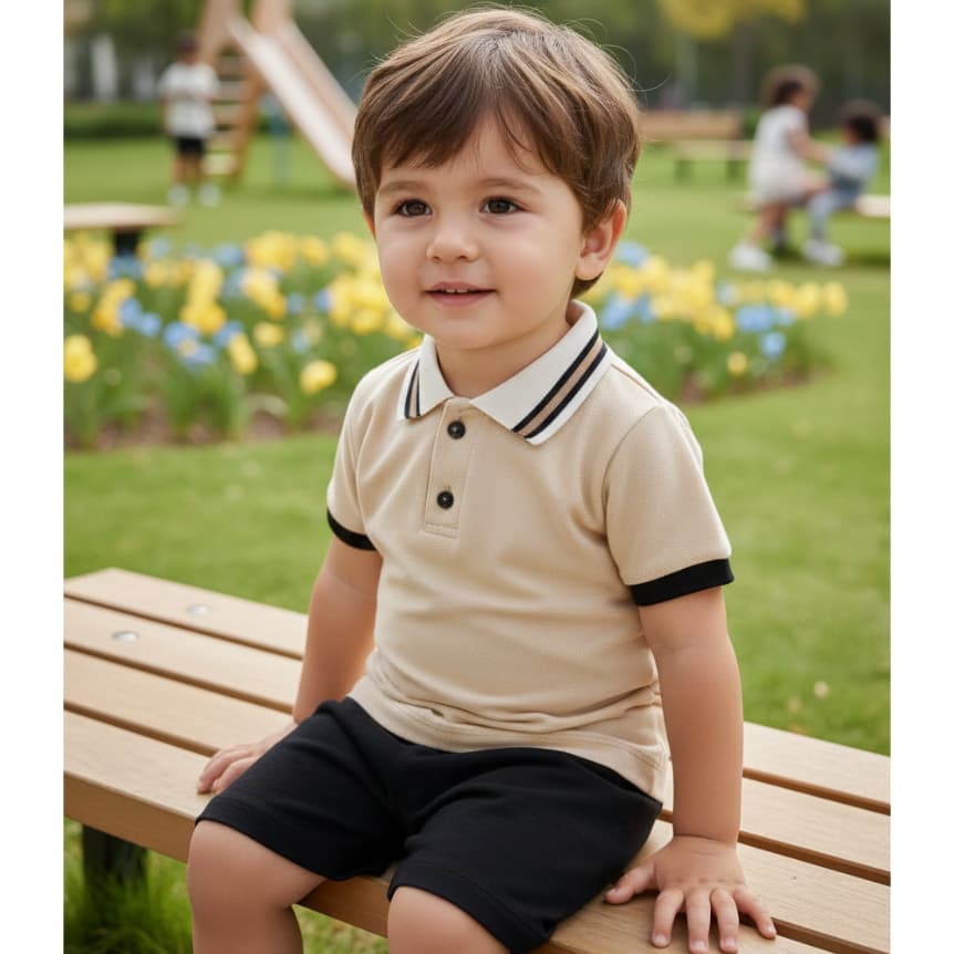 conjunto Infantil short moletinho com camisa polo de verão bege elegante e de uso diário