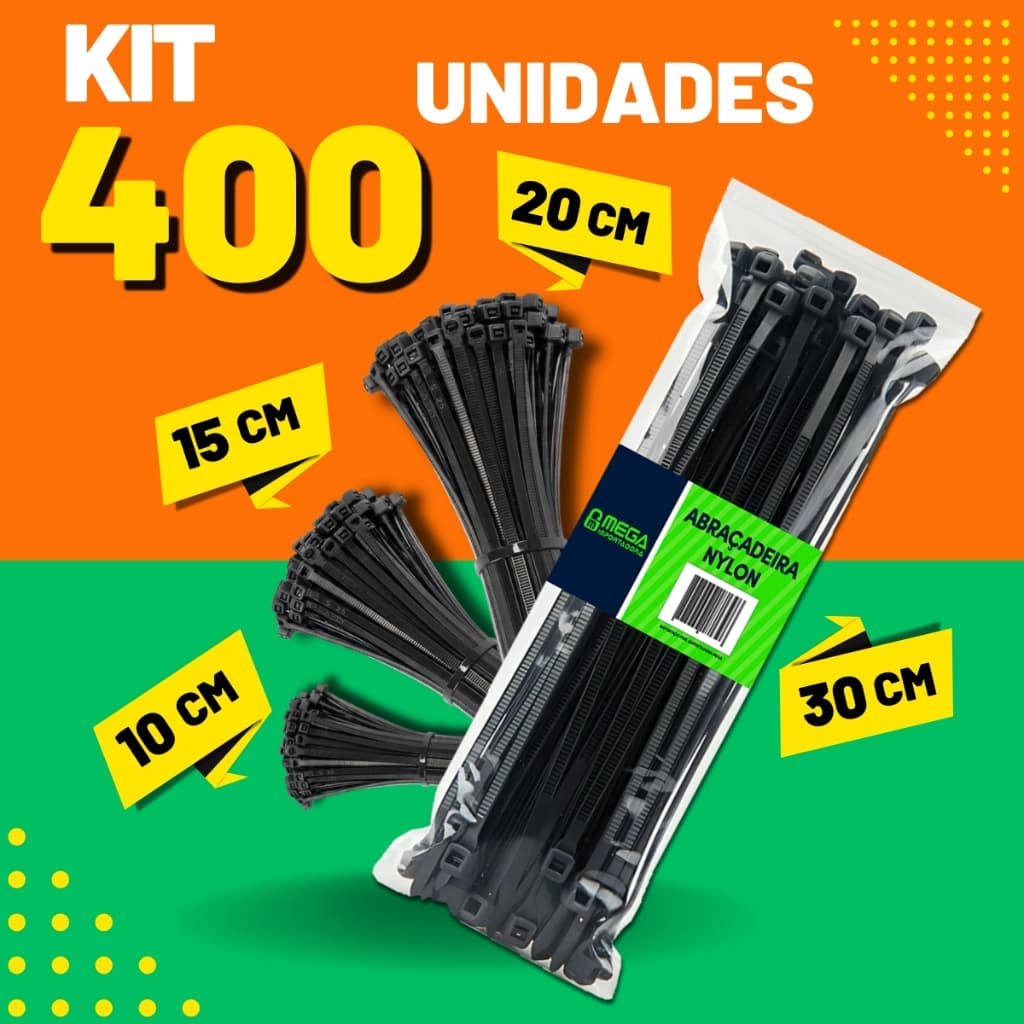 Kit 400 Abraçadeiras Cinta Nylon Plástica Presilha Enforca Gato 10cm - 15cm - 20cm - 30 cm - Preta / Branca