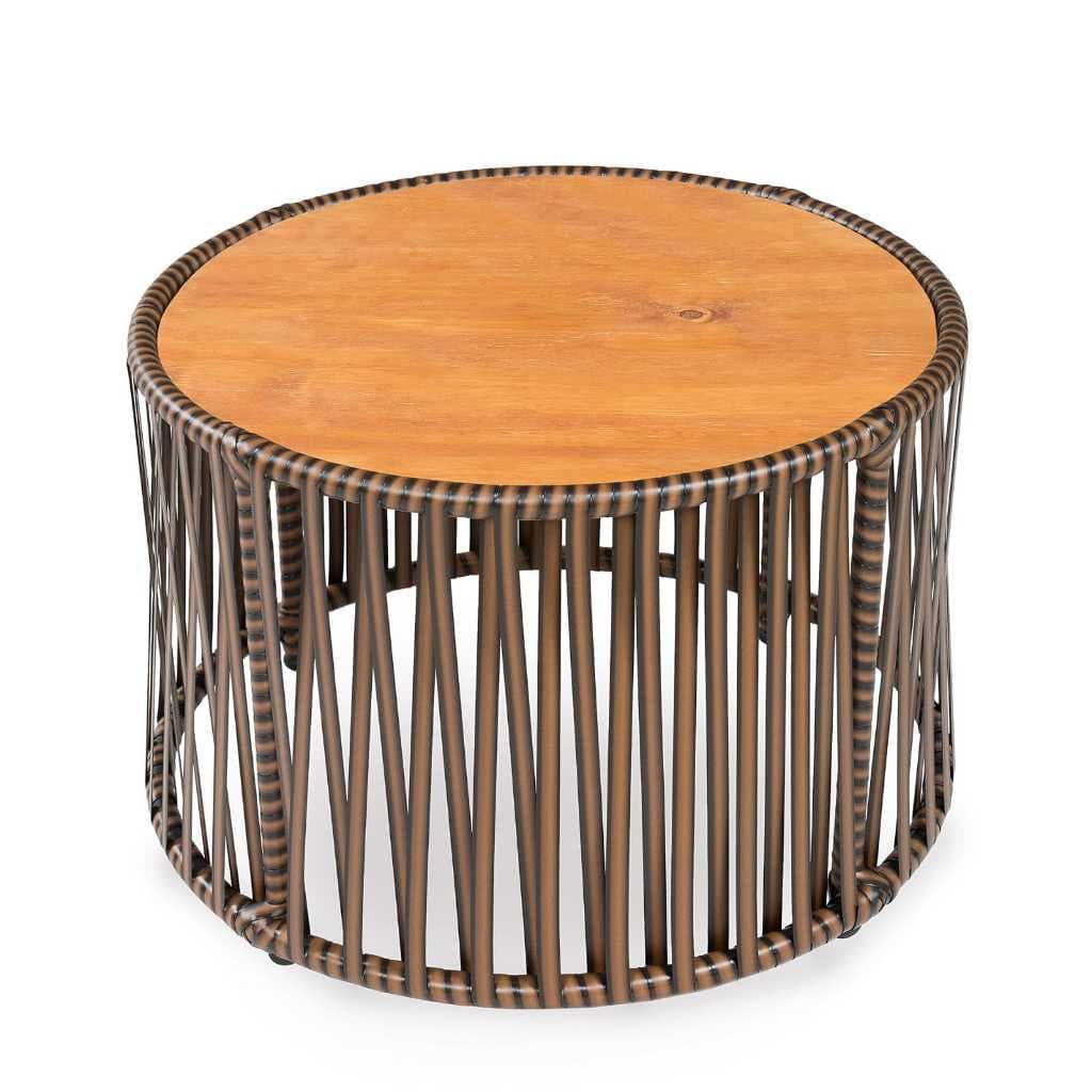 Mesa De Canto E Centro Modelo Divã Base Em Ferro Revestido De Rattan Com Tampo Em Madeira