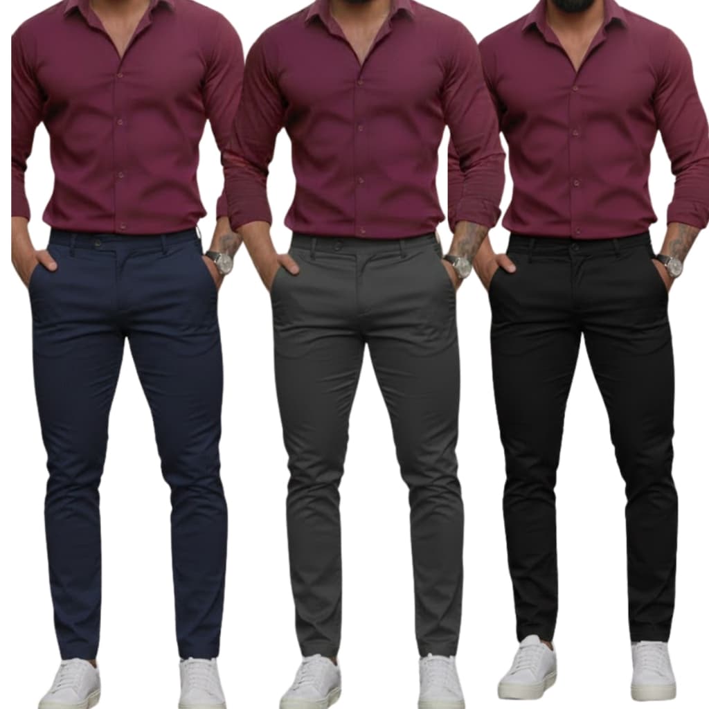 Kit 3 Calças Social Masculina Slim Sarja Com Elastano Bolso embutido Alfaiataria Sport Fino