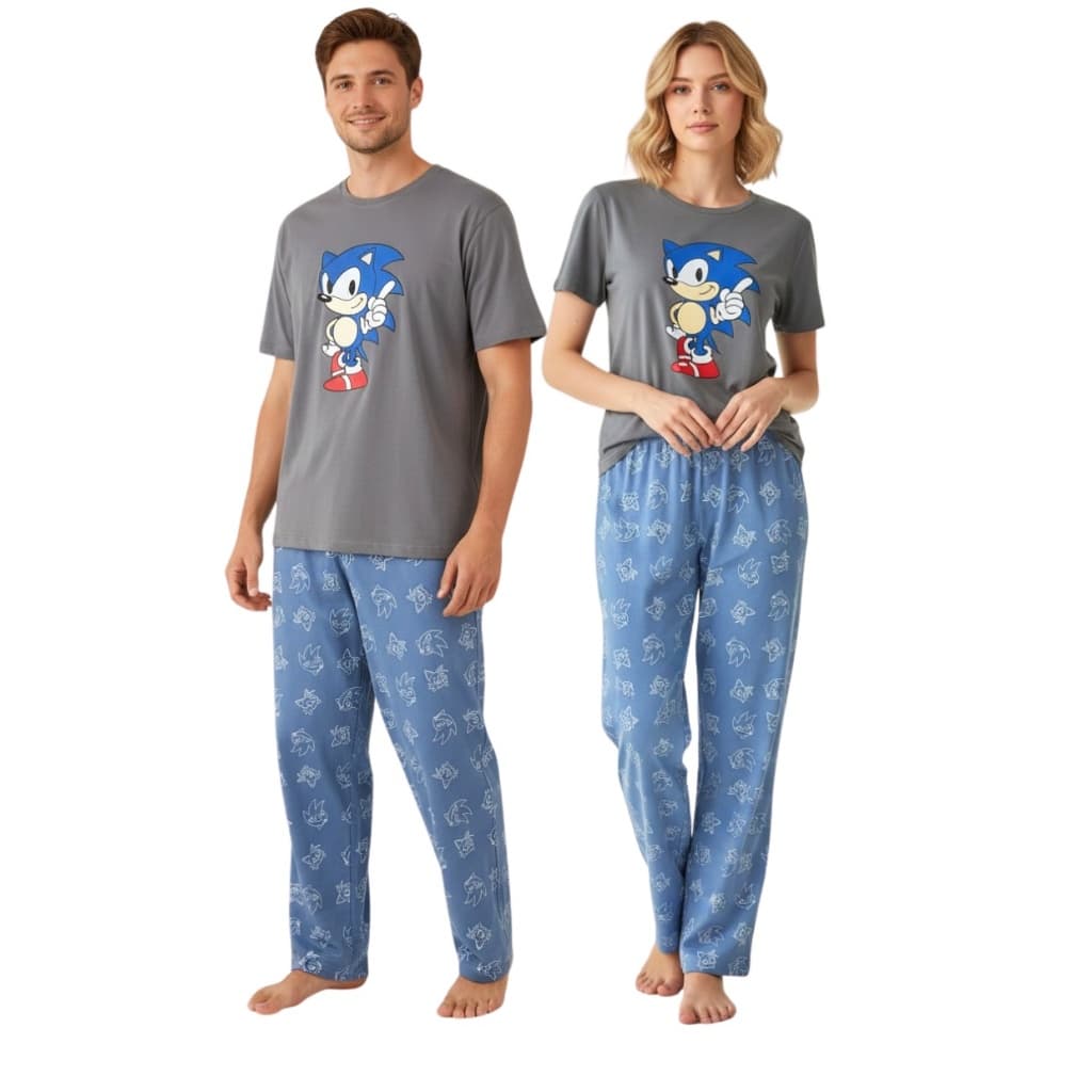 Kit Casal Pijama Personagens Meia Estação Manga Curta + Calça Malha PV Adulto Promoção Personagem
