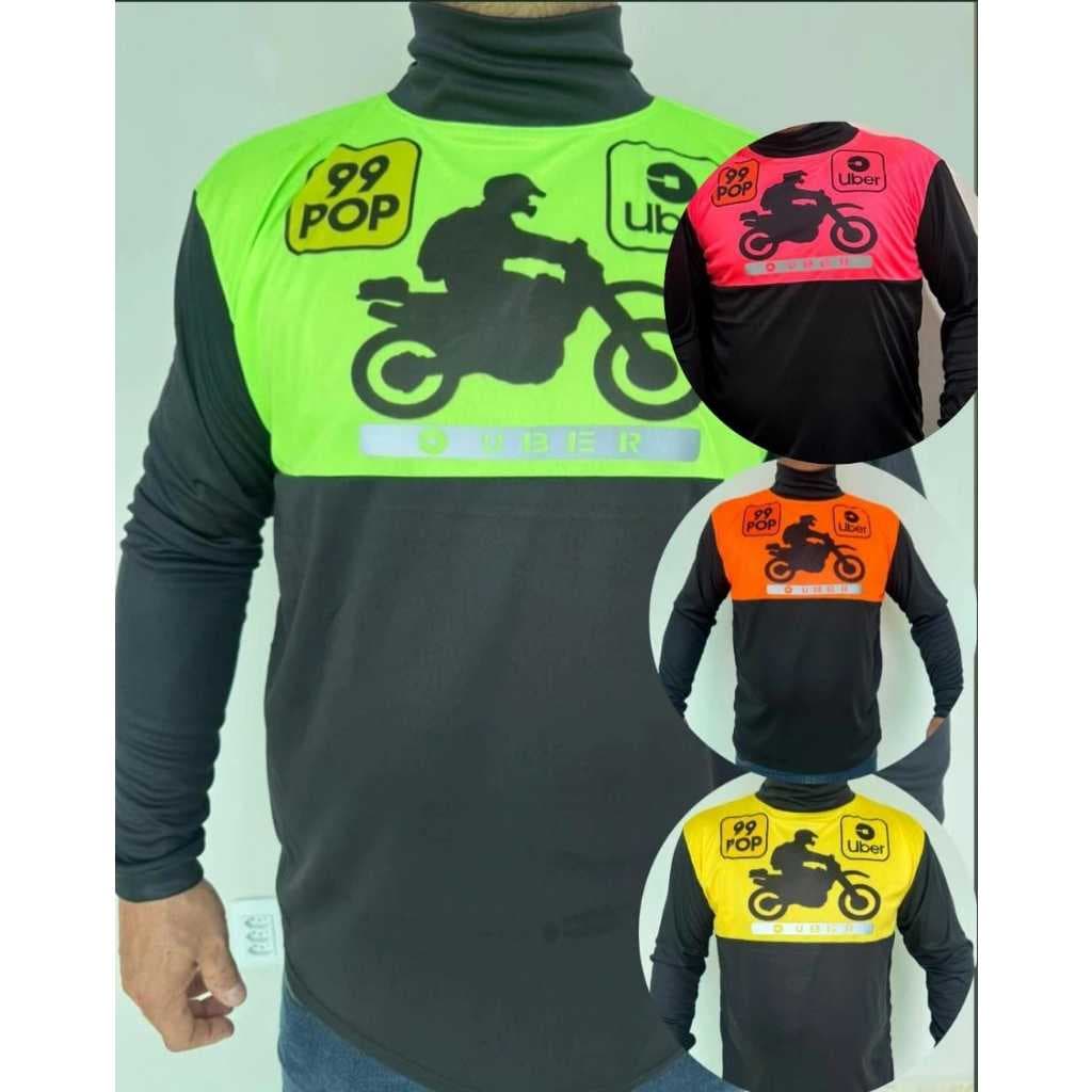 Camisa Blusa NEON App Motto Uber 99 Manga Longa Gola Alta Com Faixa Refletiva
