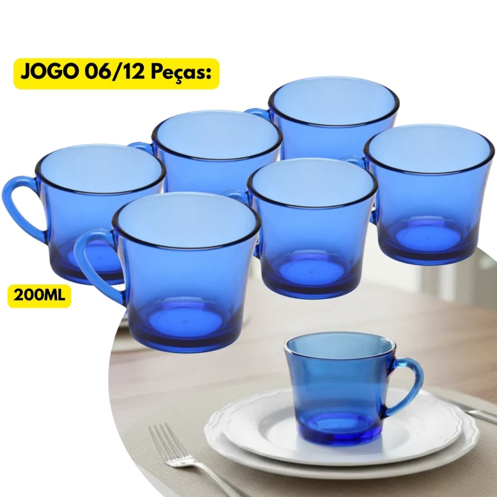Jogo Kit 06/12 Xícaras Vidro Azul 200ML Café Chá Leite Caneca Oceano Padaria Conjunto Roça Blue