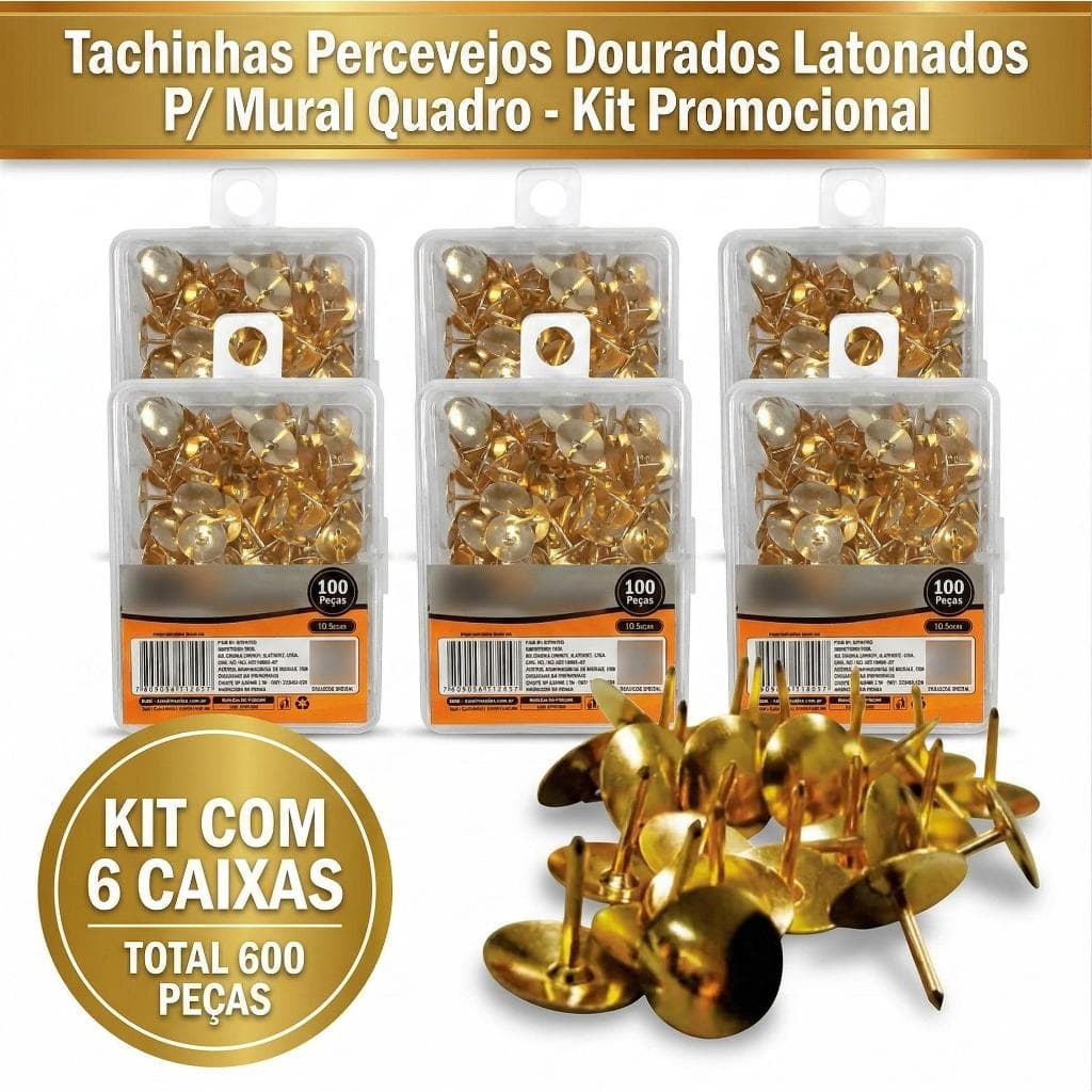 Kit 6 Caixas Tachinhas Percevejos Dourados Latonados - Total 600 Peças p/ Mural Quadro