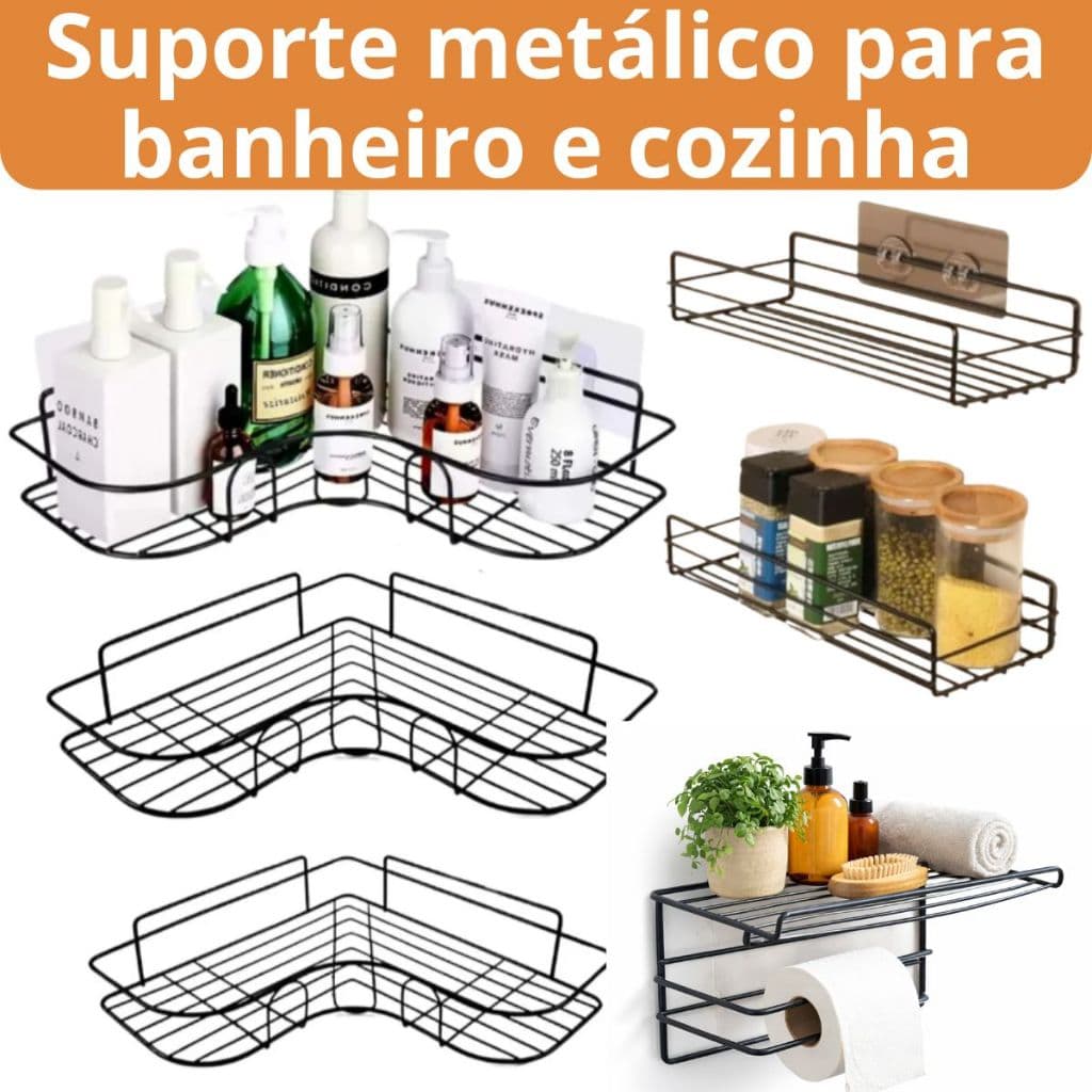 Suporte Para Banheiro Adesivo de Parede Cozinha Metal Shampoo Cozinha Organizador Casa Metálico Kits e Unitário