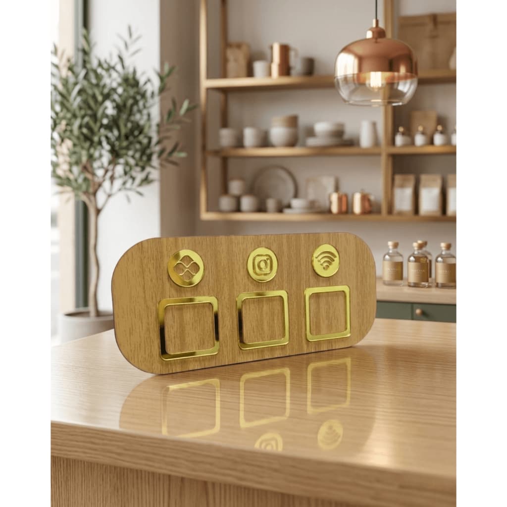 Placa Pix MDF Amadeirado + Acrílico Espelhado 25x11cm | Display de Mesa