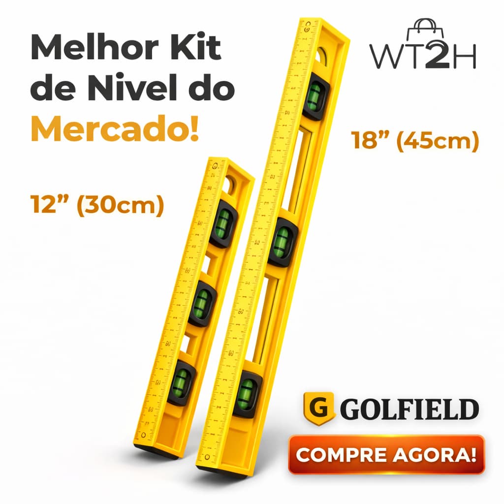 Kit Nível Profissional Golfield 12" + 18" | Alta Precisão | 3 Bolhas | Construção e Marcenaria