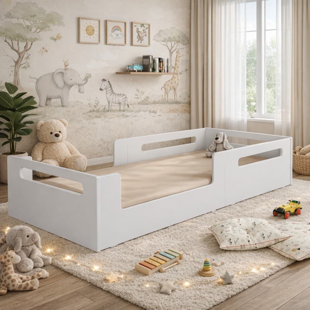 Cama Montessoriana Infantil Solteiro Com Grade Segurança Para Quarto de Criança em Mdf