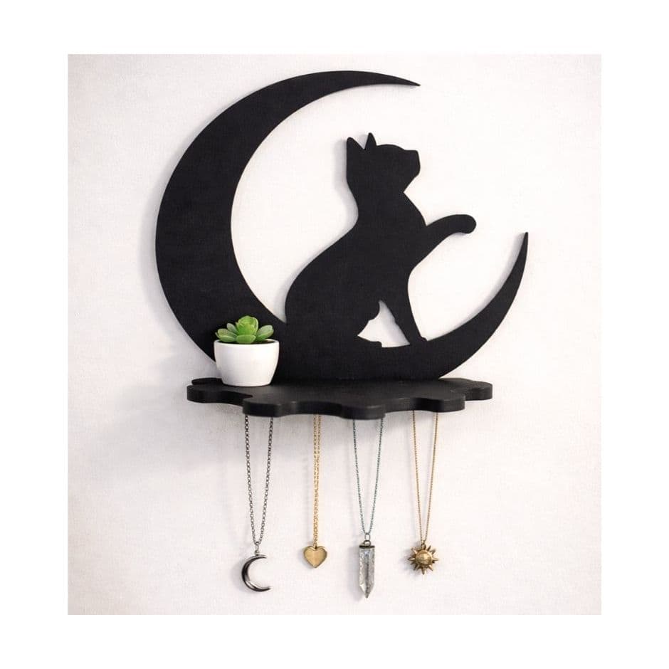 Prateleira Decorativa Gato na Lua MDF Porta Colares Organizador de Parede 25 cm