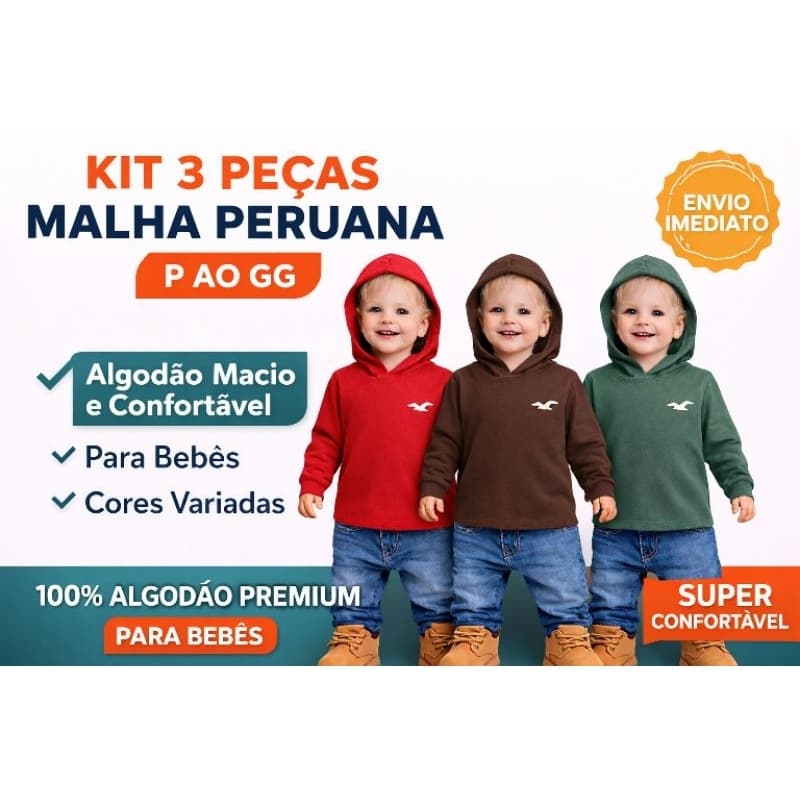 Kit 3 Camisetas Infantil Bebê Com Capuz – Malha Peruana Premium | P ao GG