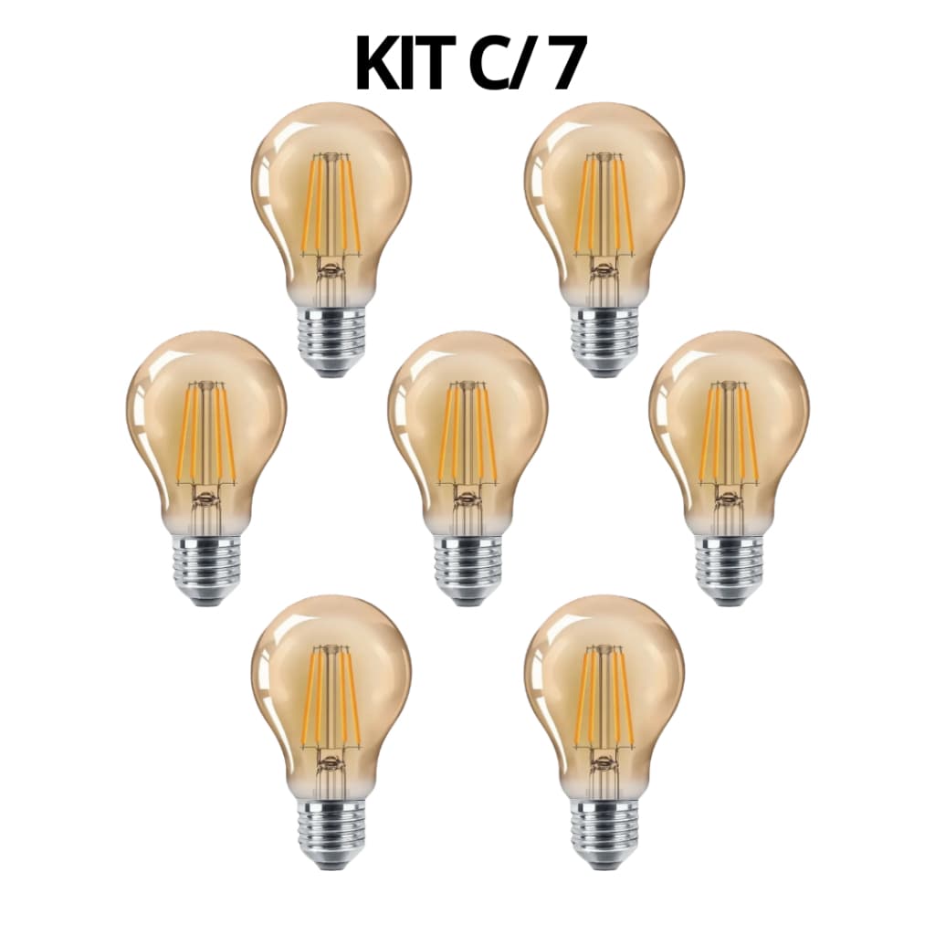 Kit c/ 7 Lâmpada Filamento Retro A60 4W 2400K E27 LED Âmbar Vintage