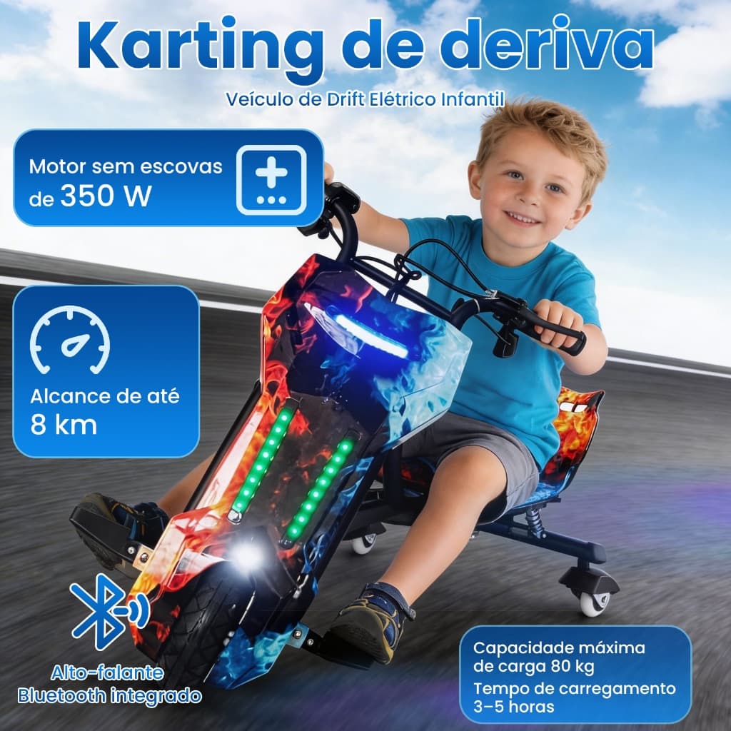 8.5"Triciclo Elétrico Drift Motorizado 350w Adulto/Infantil Polegadas 8 Velocidades Bluetooth Led Display para Idade 8+