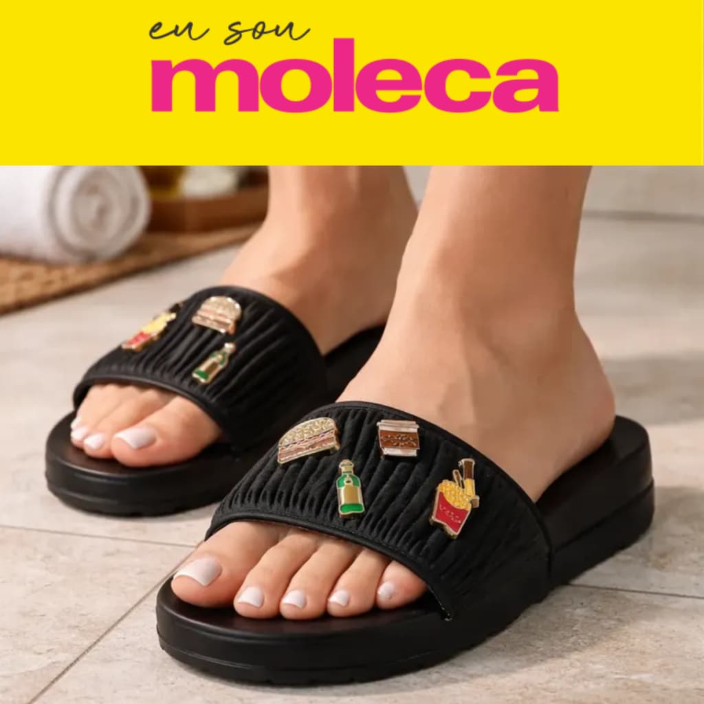 Papete Feminina Moleca Preta com Pins Decorativos Slide Leve Conforto Dia a Dia Rasteirinha Moda