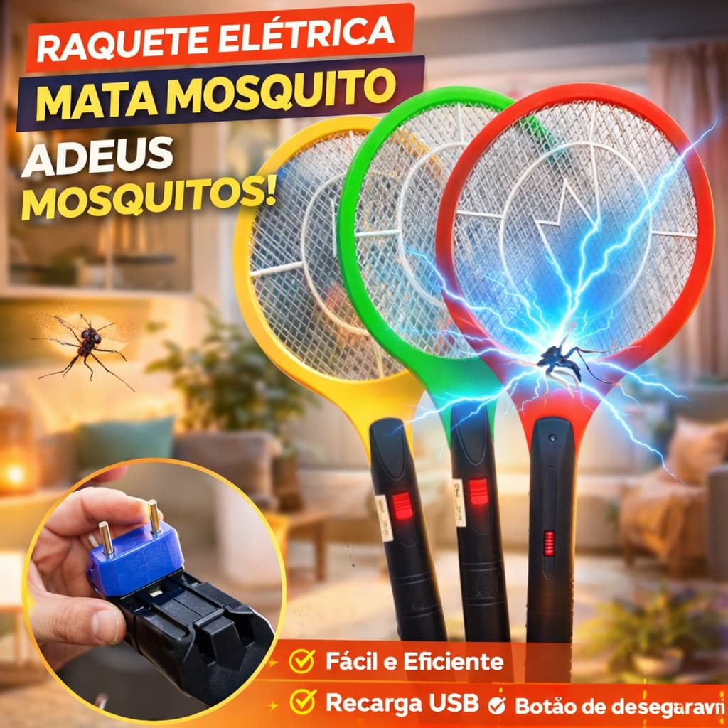 Raquete Mata Mosquito Elétrica Dengue Insetos Recarregável  Bivolt