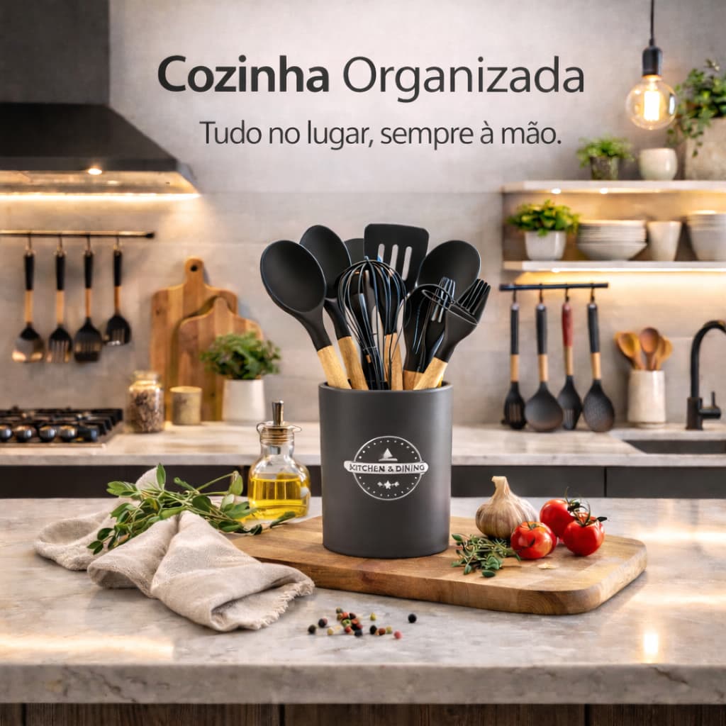 Utensílios de Cozinha em Silicone 7 Peças Suporte Não Risca Panelas Silicone Cabo Madeira