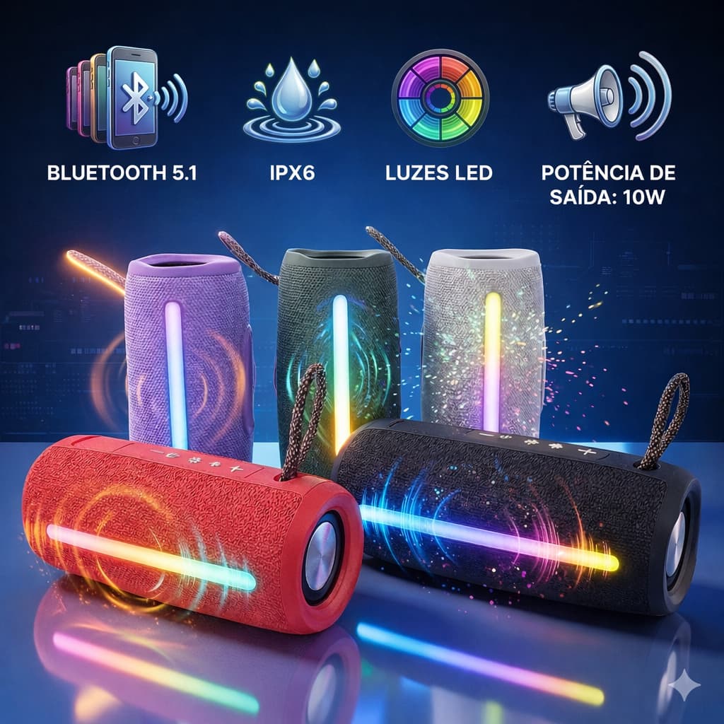Caixa de Som Bluetooth 5.3 Portátil Potente LED RGB TWS FM USB Estéreo para Festa Viagem Praia