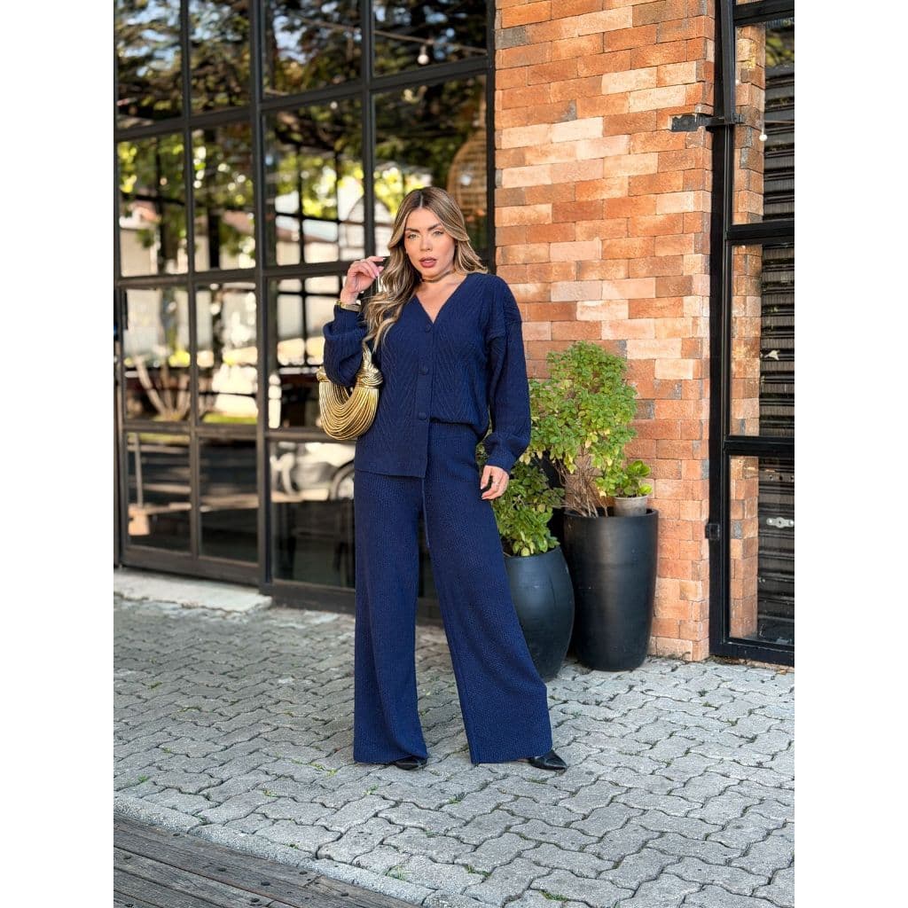 Conjunto Feminino De Frio Blusa Manga Longa E Calça Pantalona Croche Trico Tricot Feminino