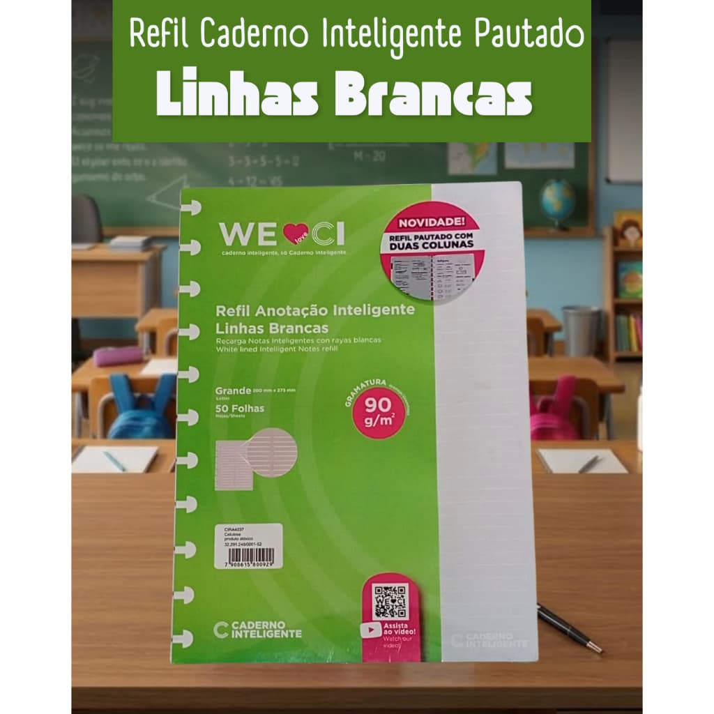 Refil Caderno Inteligente Original 50 Folhas Pautado Linhas Brancas, duas colunas- Escolha o tamanho