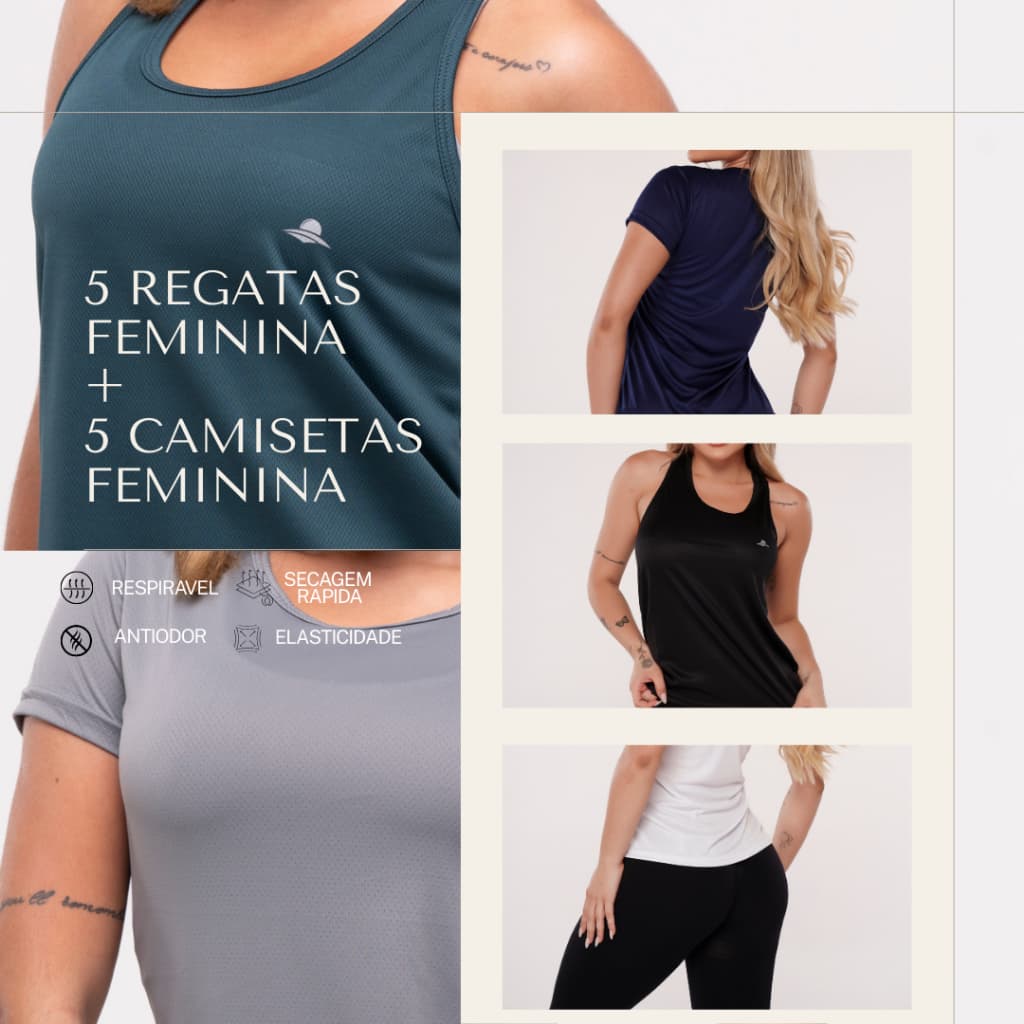 Kit 5 Regatas + 5 Camisetas Feminina Dry Fit Fitness-atacado