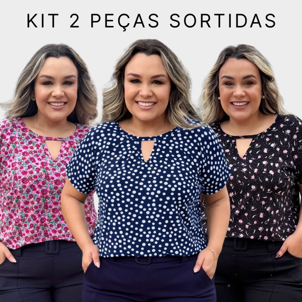 Kit 2 Blusas Sortidas Plus Size Feminina Detalhe V em Malha Fria Estampadas