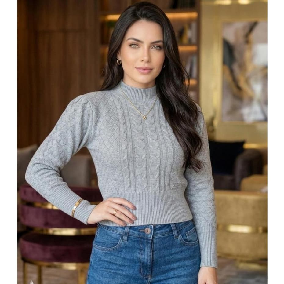 Blusa Cropedd Feminina De Inverno Tricot Modal Manga Bufante Sofisticada Gola Redonda Tranças