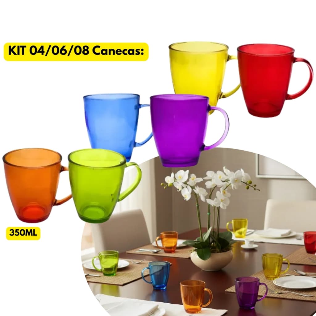 Jogo Kit 04/06/08 Canecas Vidro Grande Coloridas 350ML Xícara Café Leite Moderna Luxo Bonita Grossa Chá