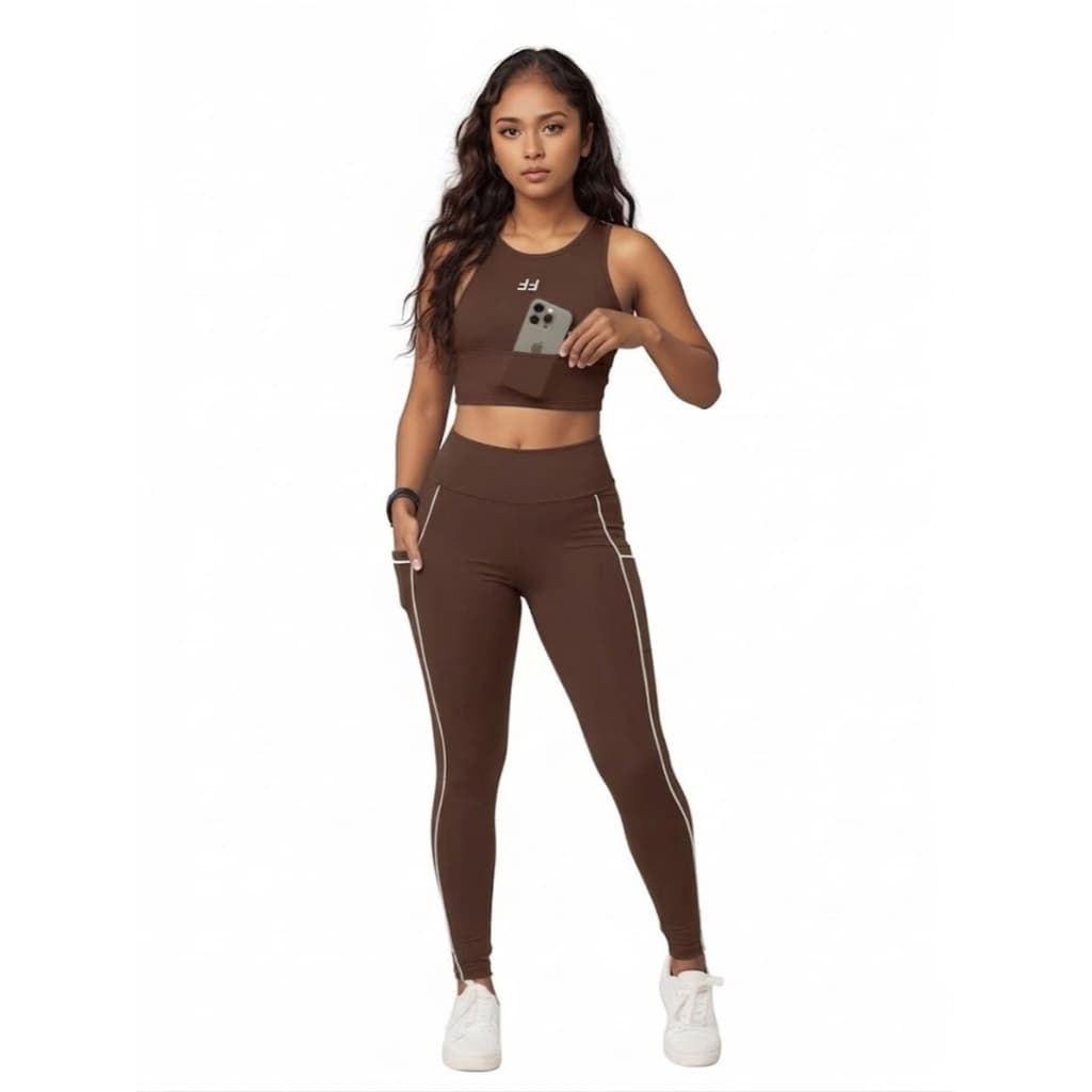 Conjunto Feminino Fitness Top com Bolso e Calça Legging Com Bolso Alta Compreensão Academia Pilates