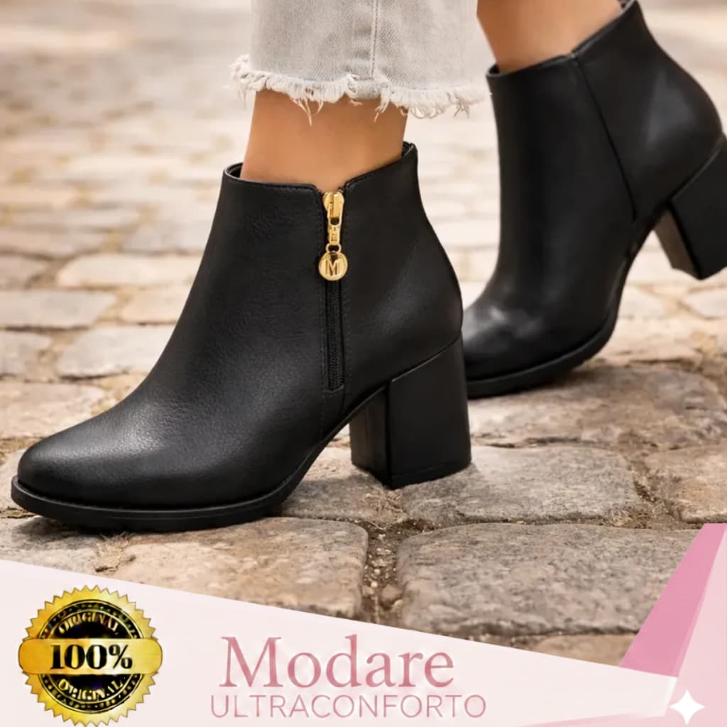 Bota Modare Feminina Elegante Cano Curto Salto Bloco Médio Ultraconforto Zíper Ortopédico Original