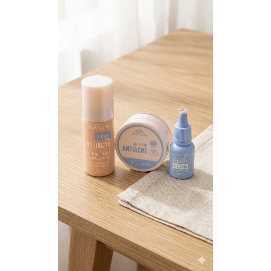 KIT! Pó Solto + Base Liquida + Gel Secativo Antiacne - Miss Lary - 93g