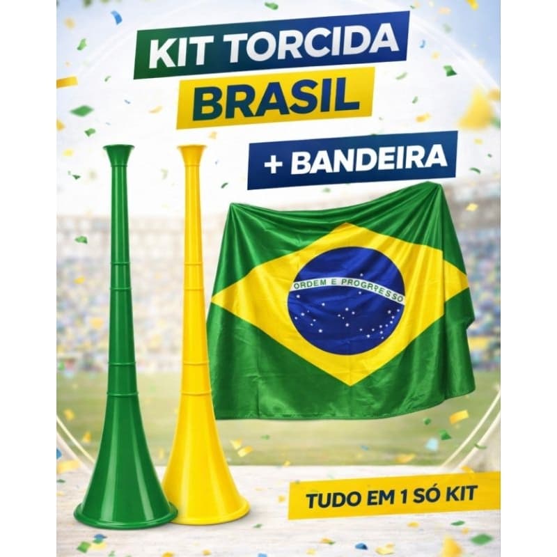 Kit Torcida Brasil Corneta Vuvuzela + Bandeira do Brasil Torcedor Futebol Copa Jogo Festa Torcida Verde Amarelo