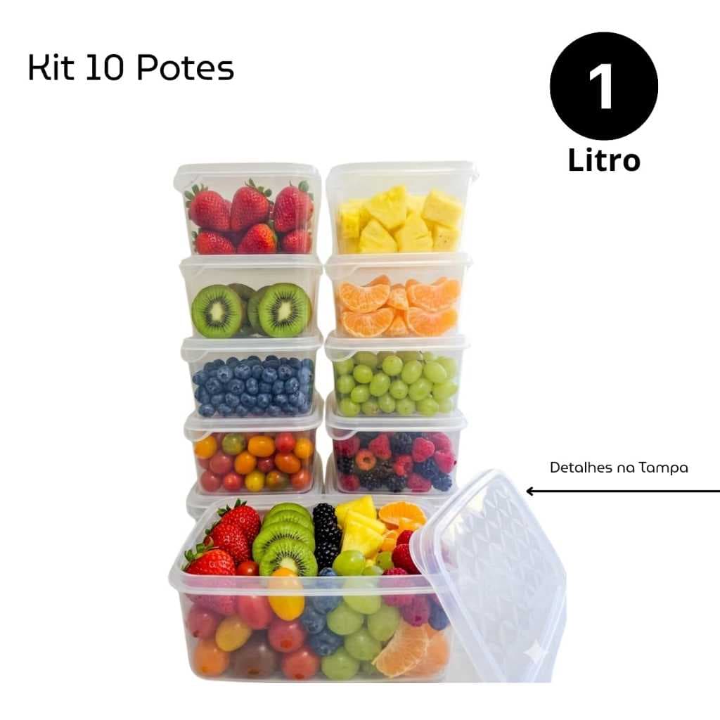 Kit 10  Potes Transparentes 1L Organizador  Cozinha Marmita  Microondas Vasilhas  Fitness Livre BPA