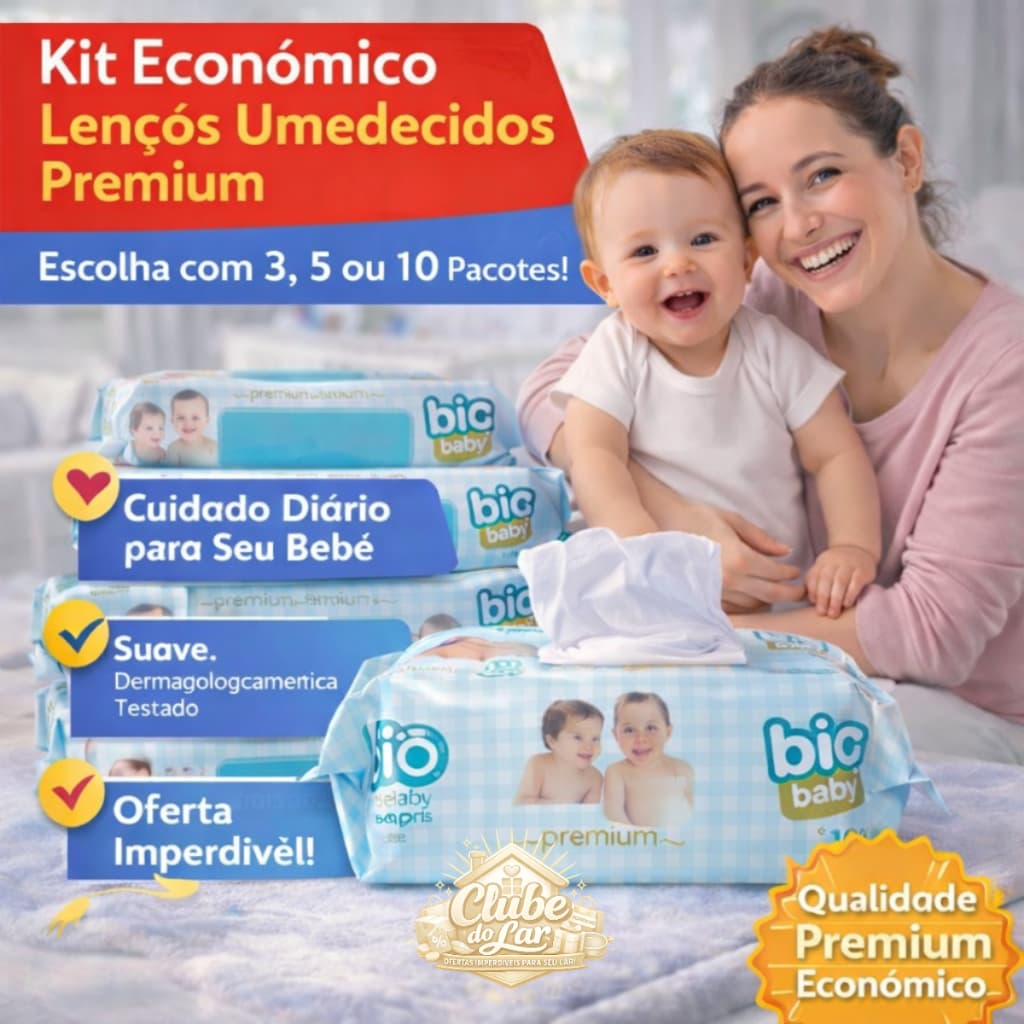 Kit Lenço Umedecido Big Baby Premium 300, 500 ou 1000 Unidades Suave, Dermatologicamente Testado