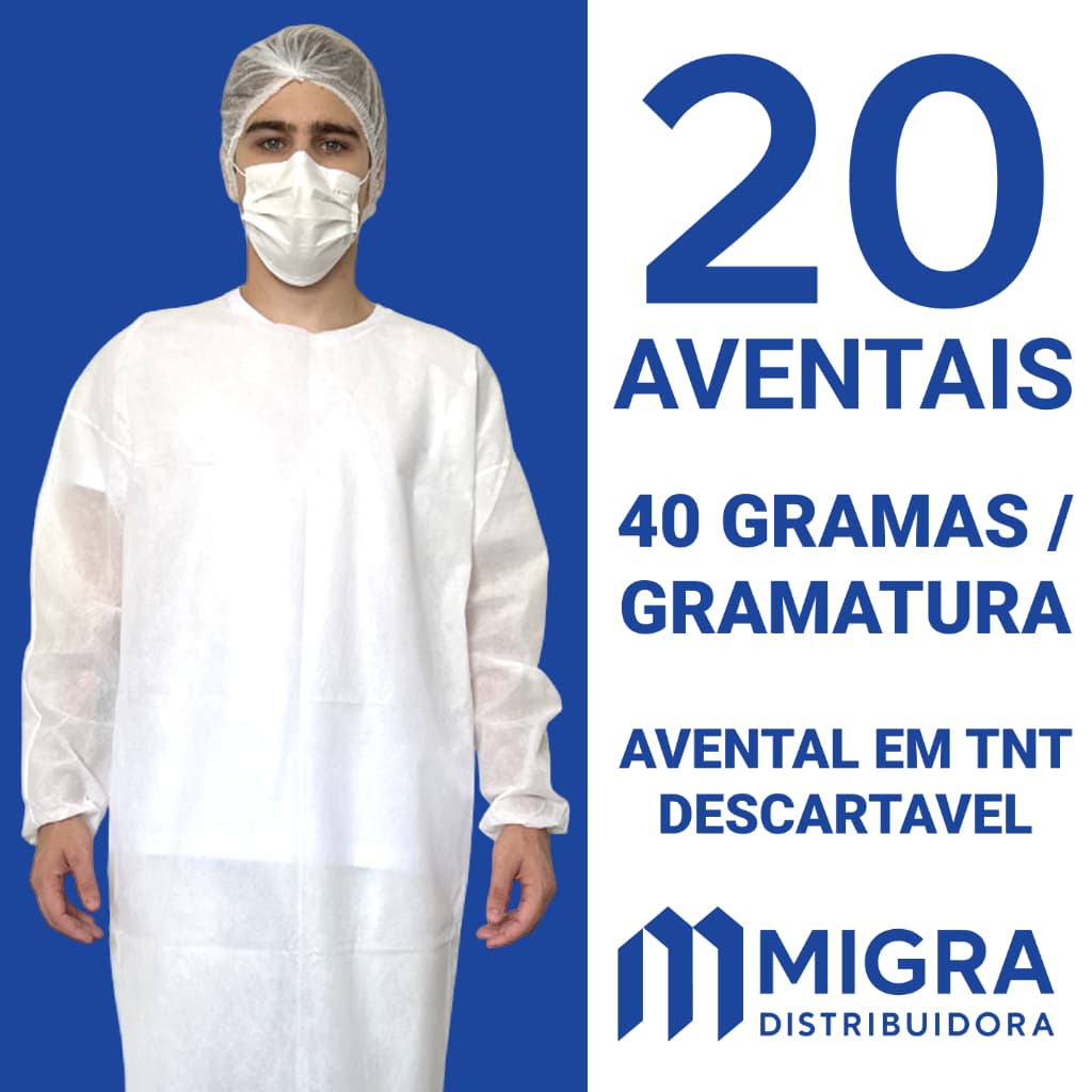 Avental Descartável 40g Kit 20 Un Manga Longa Jaleco Capote TNT Gramatura Não Estéril Migra
