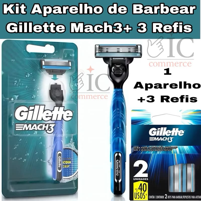 Kit Aparelho de Barbear Gillette Mach3 Aqua-Grip + 3 Cargas Refil Original Barbear Suave e Preciso